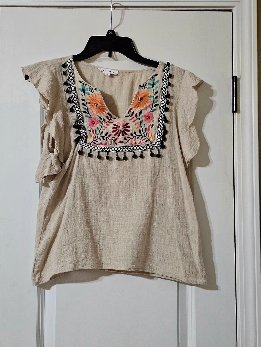 🔥THML Cream Boho Embroidered Flutter Sleeve Top with Black Pom Trim🔥